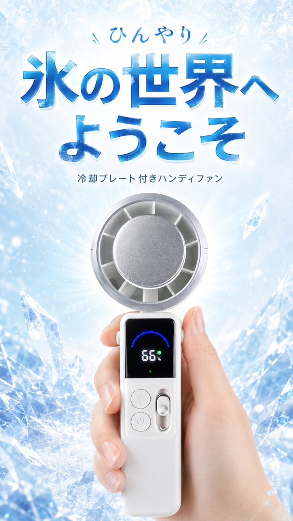 ひんやり 氷の世界へようこそ 冷却プレート付きハンディファン