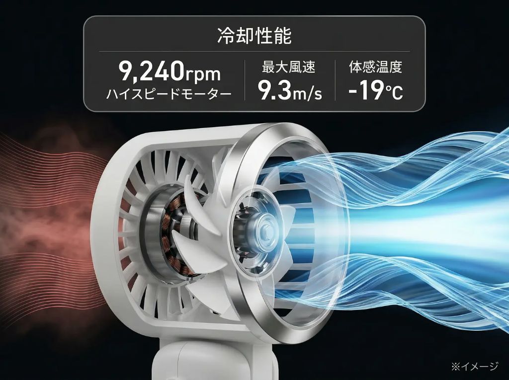冷却性能 9,240rpmハイスピードモーター / 最大風速9.3m/s / 体感温度-19℃
