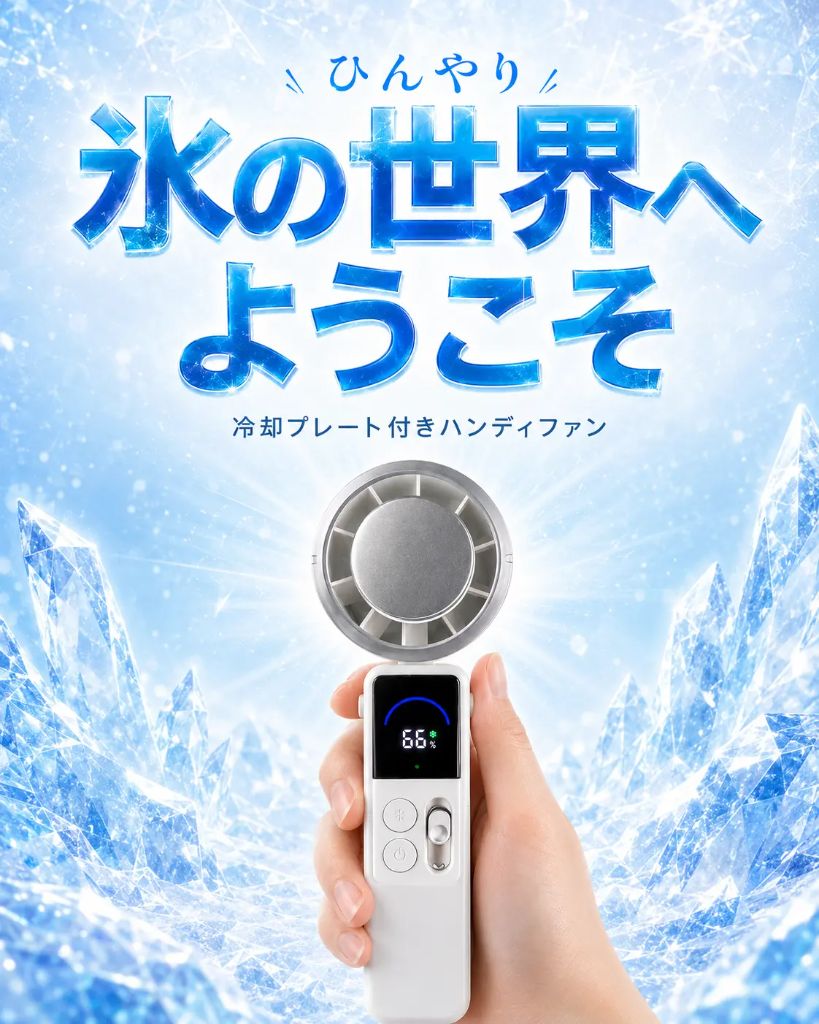 ひんやり 氷の世界へようこそ 冷却プレート付きハンディファン