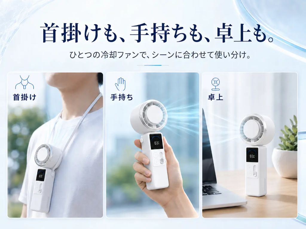 首掛けも、手持ちも、卓上も。ひとつの冷却ファンで、シーンに合わせて使い分け。